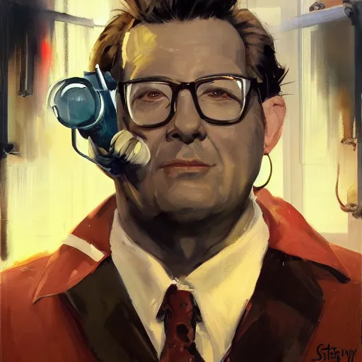 Image similar to greg manchess portrait painting of ghostbuster dr. raymond stantz overwatch character, medium shot, asymmetrical, profile picture, organic painting, sunny day, matte painting, bold shapes, hard edges, street art, trending on artstation, by huang guangjian and gil elvgren and sachin teng