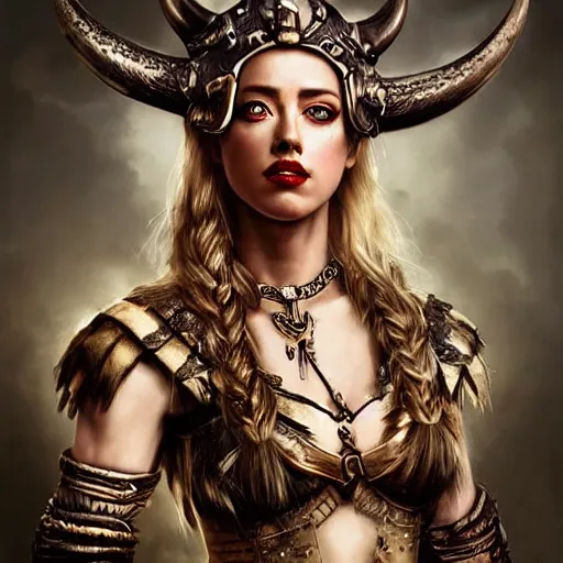 Prompt: a full body amber heard wearing a viking outfit with viking jewelry and accessories by karol bak, ayami kojima, yoshitaka amano, olivier ledroit, ruan jia, charlie bowater, tom bagshaw, make up, blue eyes, golden hora, god of war concept art, fantasy