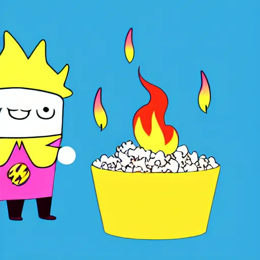 Prompt: kawaii wacky fluffy popcorn with lightning bolt power, yokai, in the style of an adventure time character, with a smiling face and flames for hair, sitting on a lotus flower, white background, simple, clean composition, symmetrical