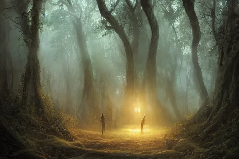 Image similar to an old elven wood, a view to an eerie fantasy world, ethereal back light, mist, coherent composition, detailed fantasy painting by artgerm