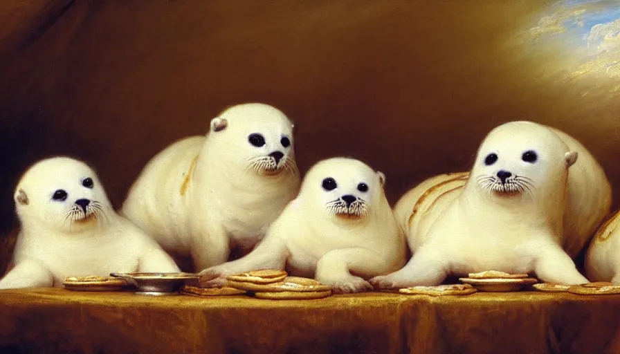 Image similar to highly detailed painting of cute furry white baby seals in a pile of pancakes on a table by william turner, by greg rutkowski, by william constable, thick brush strokes and visible paint layers, 4 k resolution