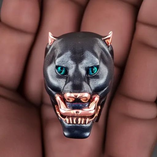 Image similar to panther with rose gold teeth and raw gems inlaid head, 3 / 4 pose, anatomical description, technically exposed, matte black, rose gold, amethyst, high coloration, ambient lightning, highly detailed, 8 k
