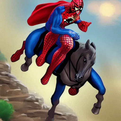 Image similar to spiderman riding a horse