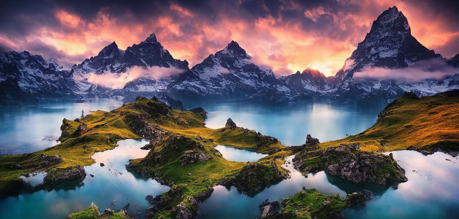 Image similar to amazing landscape photo of switzerland with lake in sunset by marc adamus, beautiful dramatic lighting