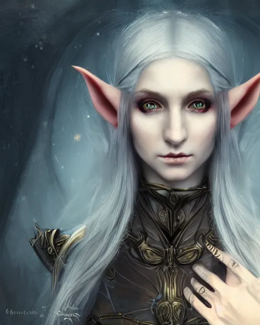 Image similar to portrait of a beautiful female elf with shimmering hair, symmetrical face and eyes, cgsociety, Elden Ring, Dark Souls, Bloodborne