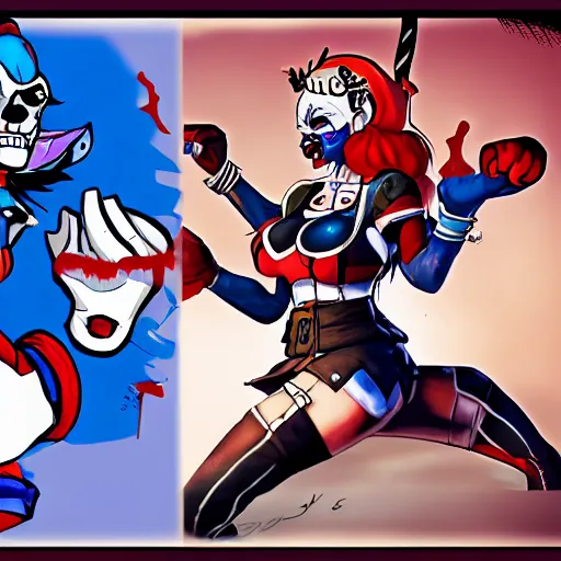 Image similar to Harley Quinn as a skullgirls character, fighting ryu from street fighter, hand drawn, highly detailed