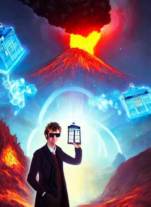 Prompt: david tennent as dr. who in front of volcano, sunglasses. tardis, glowing lights, highly detailed, digital painting, artstation, concept art, smooth, sharp focus, illustration, art by wlop, mucha, artgerm, and greg rutkowski