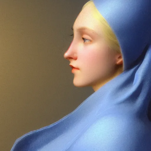 Image similar to a young woman's face, her hair is white and she wears an indigo blue satin cloak, by ivan aivazovsky and syd mead and moebius and gaston bussiere and roger dean and pieter claesz and paul delaroche and alma tadema and aelbert cuyp and jan heem, hyperrealistic, volumetric light, octane render