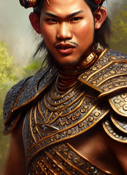 Prompt: smart tai warlord, closeup portrait, historical, ethnic group, sukhothai costume, bronze headset, fantasy, intricate, with leather armor cross on bare chest, tai body tattoo, elegant, loin cloth, highly detailed, oil painting, artstation, concept art, matte, sharp focus, illustration, hearthstone, art by earl norem