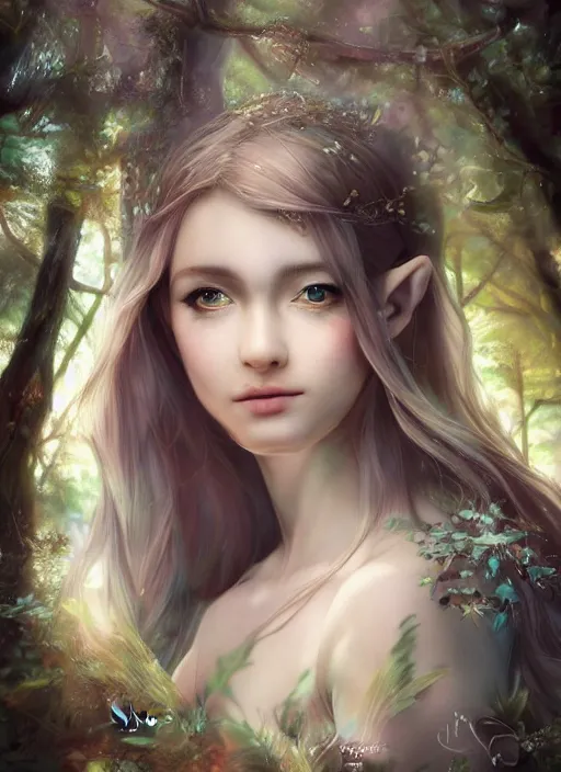 Image similar to beatiful ethereal elf princess in an enchanted forest, focus on the face and eyes, 3/4 side view, hair jewellery, fully clothed, light mist, light rays sieving through the trees, shallow depth of field, coherent composition, by Yuumei, by Artgerm, by WLOP