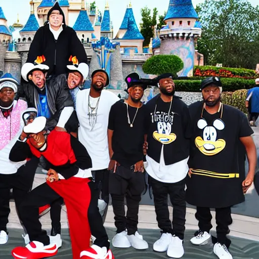 Prompt: a group of rappers, at disneyland, group photo