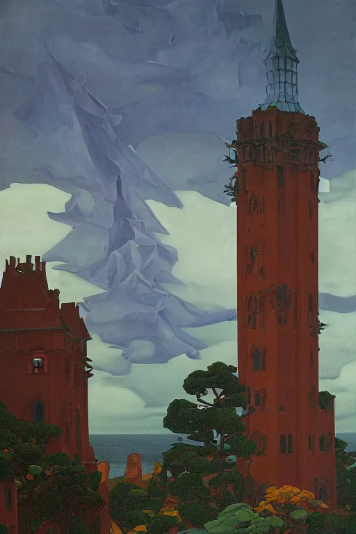 Image similar to view of the old tower and its gardens after a storm, tall windows lit up, beautiful ornamental architecture, dramatic cinematic lighting, rich colors, by Nicholas Roerich and and Caspar David Friedrich and April Gornik and William Dyce and ((Diego Rivera)), smooth, sharp focus, extremely detailed, featured on artstation