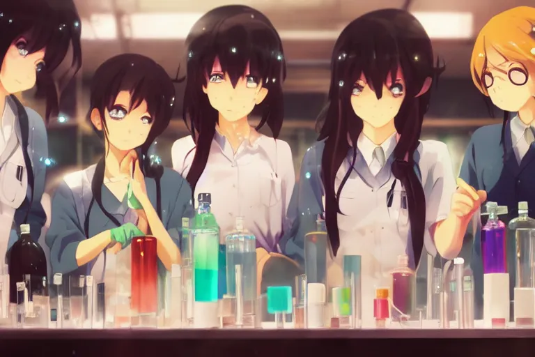 Image similar to anime girls mixing chemicals in a lab. pixiv, by makoto shinkai, fantastic, bokeh, animated, vivid colors