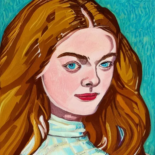 Image similar to professional painting of Elle Fanning in the style of Maurice Prendergast, head and shoulders portrait, symmetrical facial features, smooth, sharp focus, illustration, intricate, stormy weather, extremely detailed masterpiece,