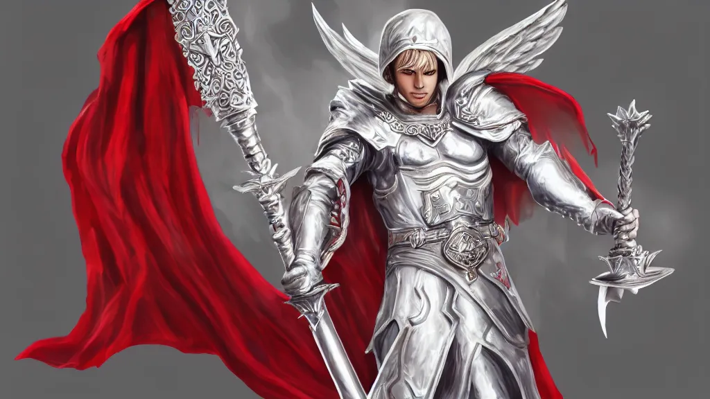 Image similar to male angel holding a flame sword, white metallic armor, red cape, detailed arms, intricate white armor, two arms, two legs, detailed fanart, rpg art, d&d art, macro art, digital art, DeviantArt, artstation, 8k HD