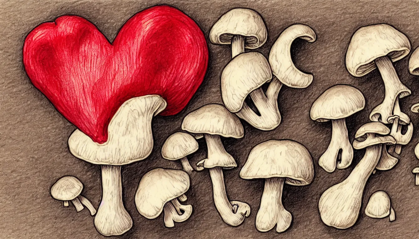 Image similar to a human heart with mushrooms growing on it, anatomically correct drawing
