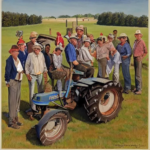 Prompt: a highly detailed happy portrait of many people standing on a tractor. they all have alcohol, james gurney, james jean