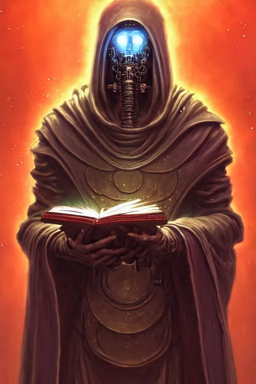 Image similar to painting of a cloaked tech priest holding a book, adeptus mechanicus!!!, cybernetic enhancements attached to his body, praise the omnissaiah, zdzislaw beksinski, lewis jones, mattias adolfsson, warhammer 4 0 k!!, cold hue's, warm tone gradient background, concept art, digital painting