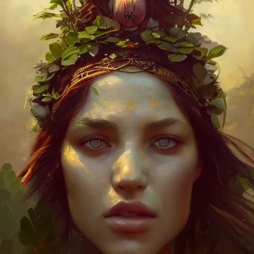 Image similar to a beautiful portrait of a plant goddess by Greg Rutkowski and Raymond Swanland, Trending on Artstation, ultra realistic digital art