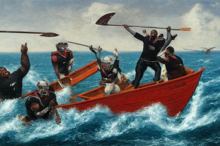 Image similar to a rowboat filled with nfl players in pads and helmets, one has a harpoon, they are chasing a whale, american oil painting