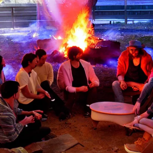 Prompt: 6 people sitting around a fire, singing. red neon lights tables nearby