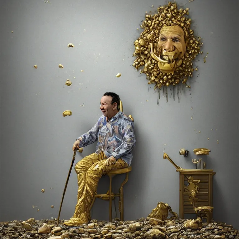 Prompt: A beautiful oil painting hyperrealism of Gilbert Gottfried on a toilet made of marble stone, gold throne , bones flowers, 8k resolution, octane render, Trending on artstation, by Gediminas Pranckevicius, volumetric light 2blue fractal Thunder glow by dan mumford, anaglyph effect, Laurie Lipton