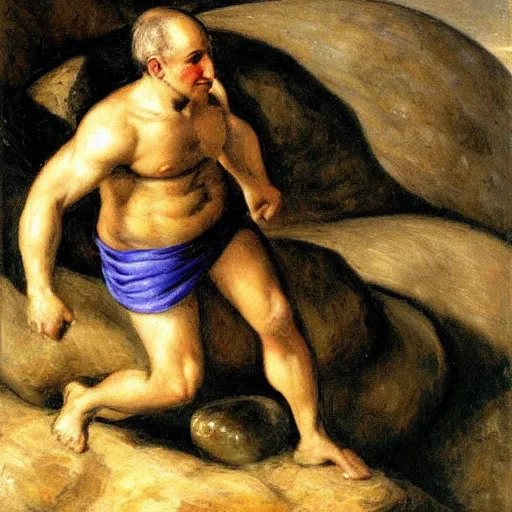 Prompt: a painting of benjamin netanyahu as sisyphus, carrying large boulder up a mountain, by franz stuck