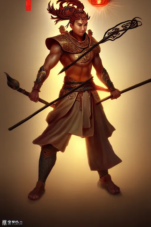 Image similar to handsome nezha, highly detailed, man holding spear, flame everywhere, epic pose, masterpiece chinese fantasy character portrait, highly detailed, digital painting, trending on artstation, concept art, sharp focus, illustration, global illumination, ray tracing, realistic shaded, art by artgerm and greg rutkowski and fuji choko and viktoria gavrilenko and hoang lap