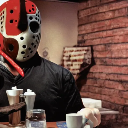 Image similar to photograph of jason voorhees having a coffee at an european caffé