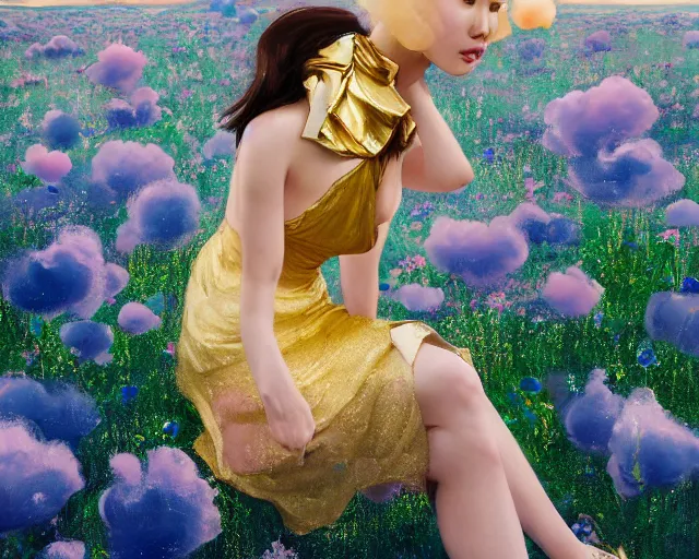 Prompt: lee jin - eun in elegant chic interstellar lush dress emerging from gold gold by martine johanna, michael garmash and katsuhiro otomo, rule of thirds, seductive look, beautiful, cotton candy clouds, puyallup berteronian, himalayan poppy flowers, gorgeous, face anatomy, masterpiece, refined, cute complexity