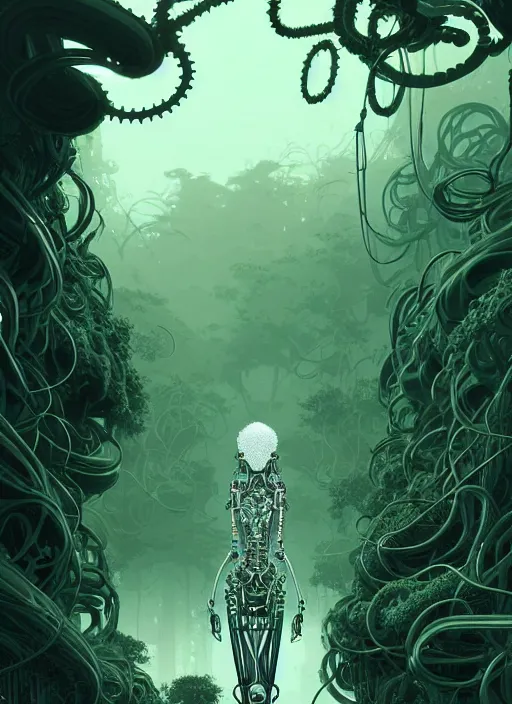 Image similar to highly detailed portrait of a biomechanical long curly white hair tribal lady, stray wiring by atey ghailan, james gilleard, by joe fenton, by greg rutkowski, by greg tocchini, by kaethe butcher, 4 k resolution, gradient green, black and white color scheme!!! ( ( forested robotic dense jungle background ) )