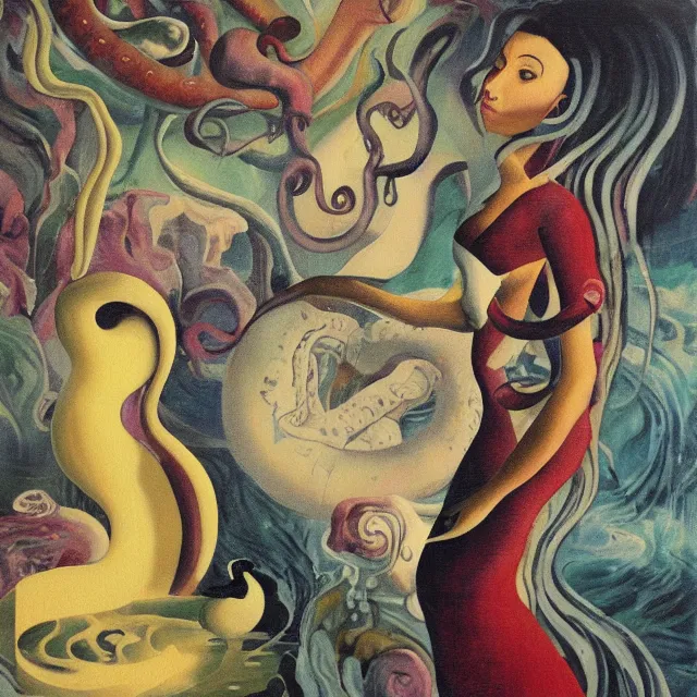 Image similar to tall female artist holding a nautilus in her flooded kitchen, pomegranates, octopus, water gushing from ceiling, painting of flood waters inside an artist's apartment, a river flooding indoors, candles, ikebana, zen, rapids, waterfall, black swans, canoe, berries, acrylic on canvas, surrealist, by magritte and monet