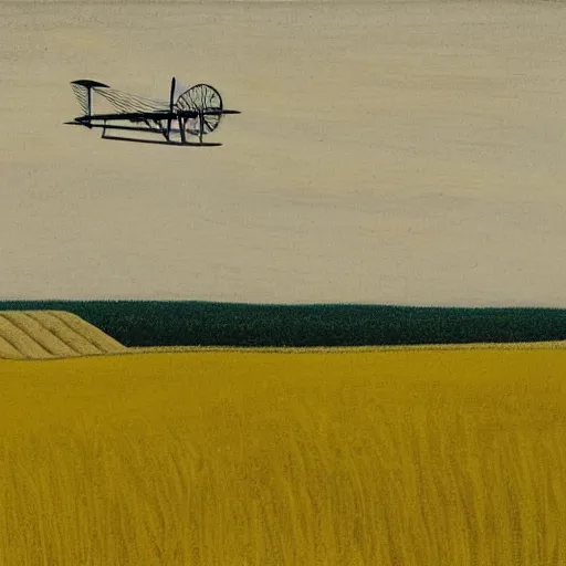 Image similar to a yellow biplane flying low over a wheat field, by eric ravilious