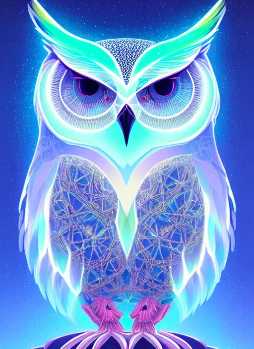 Image similar to symmetry!! product render poster vivid colors divine proportion owl, ice and snow, glowing fog intricate, elegant, highly detailed, digital painting, artstation, concept art, smooth, sharp focus, illustration,