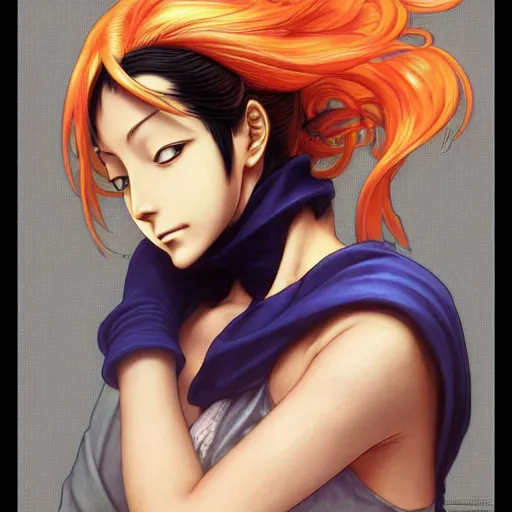 Image similar to intricately detailed vfx portrait of nami from one piece by eiichiro oda!, makoto shinkai, alphonse mucha, art by artgerm and greg rutkowski!, best of behance, concept art, matte, sharp focus, orange hair, adolphe bouguereau, annie leibovitz, stanley kubrick,