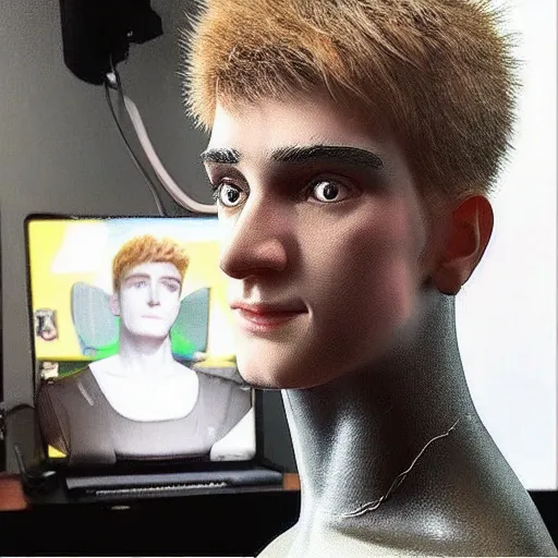 Prompt: “a realistic detailed photo of a guy who is an attractive humanoid who is half robot and half humanoid, who is a male android, twitch streamer Ninja Tyler Blevins, shiny skin, posing like a statue, blank stare, gaming tournament”