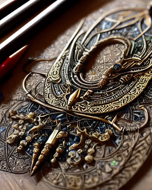 Prompt: close up of an amulet, fantasy, intricate, elegant, highly detailed, digital painting, artstation, concept art, smooth, sharp focus, illustration