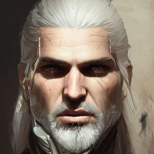 Image similar to Very detailed masterpiece painting of Geralt of Rivia, portrait, artstation, concept art by Greg Rutkowski