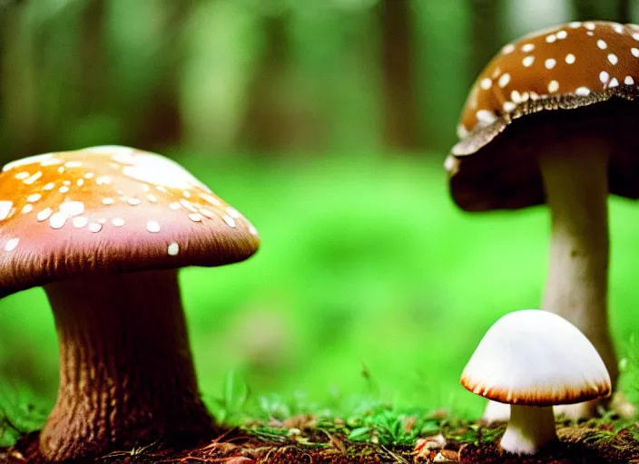 Prompt: a cute creature sitting next to a mushroom, cinestill 8 0 0 t 3 5 mm, high quality, heavy grain, high detail, panoramic, ultra wide lens, cinematic light, dramatic light, anamorphic