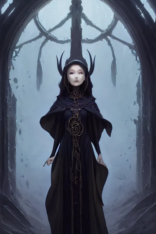 Image similar to a beautiful eldritch priestess girl standing on an altar wearing thick black robes | | cute - fine - face, pretty face, fine details by stanley artgerm lau, wlop, rossdraws, james jean, andrei riabovitchev, marc simonetti, and sakimichan, trending on artstation