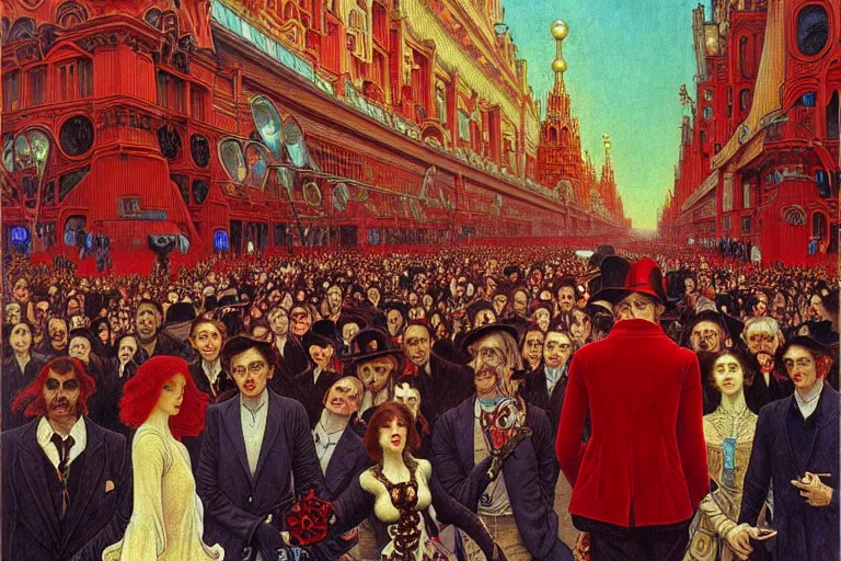 Prompt: realistic detailed portrait painting of a single skeleton wearing red velvet blazer in a crowded futuristic moscow street by Jean Delville, Amano, Yves Tanguy, Alphonse Mucha, Ernst Haeckel, Edward Robert Hughes, Roger Dean, rich moody colours, blue eyes