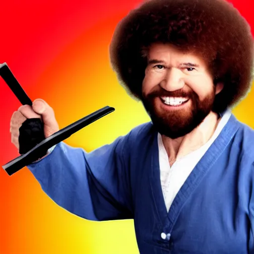 Image similar to bob ross fighting ninjas and screaming