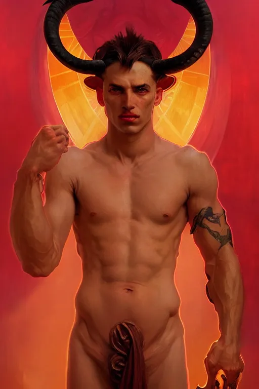 Prompt: portrait of a beautiful young fit male demon with big ram horns, scaled skin, fiery scene, by greg rutkowski and alphonse mucha, d & d character, gradient red to yellow, in front of a hellish background, highly detailed portrait, digital painting, artstation, concept art, smooth, sharp focus ilustration, artstation hq