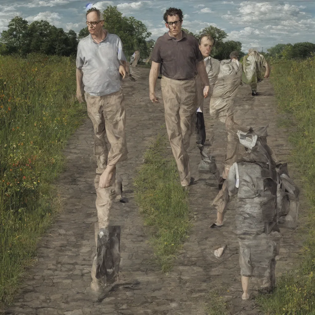 Image similar to high quality high detail painting of todd solondz walking with a friend by lucian freud and gregory crewdson, hd, photorealistic lighting