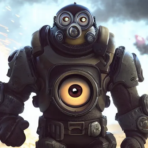 Image similar to Minion from ((Despicable Me)) in 'Gears of War', splash art, movie still, cinematic lighting, detailed face, dramatic, octane render, long lens, shallow depth of field, bokeh, anamorphic lens flare, 8k, hyper detailed, 35mm film grain