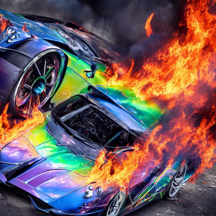 Image similar to close - up of an iridescent rainbow pagani huayra on fire after a big crash, 8 k, highly detailed, realistic, award winning, look at all that detail!