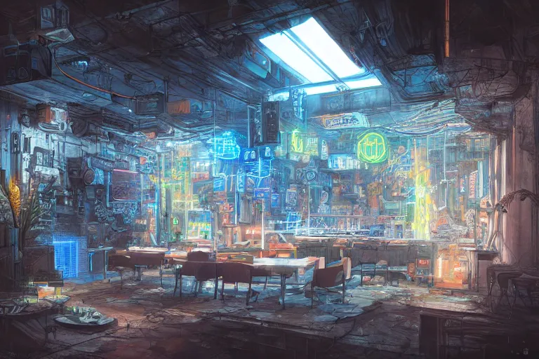 Image similar to ultra mega super hyper realistic Digital concept interior design in style of Hiromasa Ogura and Josan Gonzalez of cyberpunk tavern with stone walls and neon lights, a lot of electronics, many details in style of Hiromasa Ogura and Josan Gonzalez. Natural white sunlight from the transperient roof. Rendered in VRAY and DaVinci Resolve and MAXWELL and LUMION 3D, Volumetric natural light