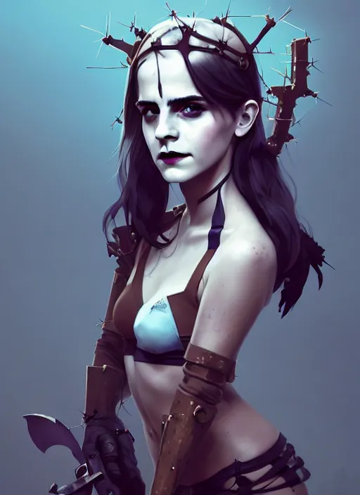 Image similar to portrait of cute goth emma watson with crown of thorns in cyber bikini armor, warhammer, cyberpunk, by atey ghailan, by greg rutkowski, by greg tocchini, by james gilleard, by joe fenton, by kaethe butcher, dynamic lighting, gradient light blue, brown, blonde cream and white color in scheme, grunge aesthetic