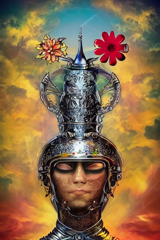 Image similar to colorful retrofuturistic digital airbrush illustration of a knight wearing an ornate chrome headpiece and holding a flower with a landscape and sky in the background by luigi patrignani