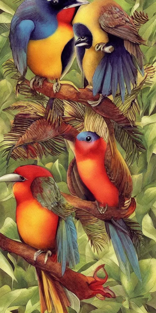 Prompt: greeting card, love, beautiful tropical bird couple, by tran nguyen, warm colors, cozy